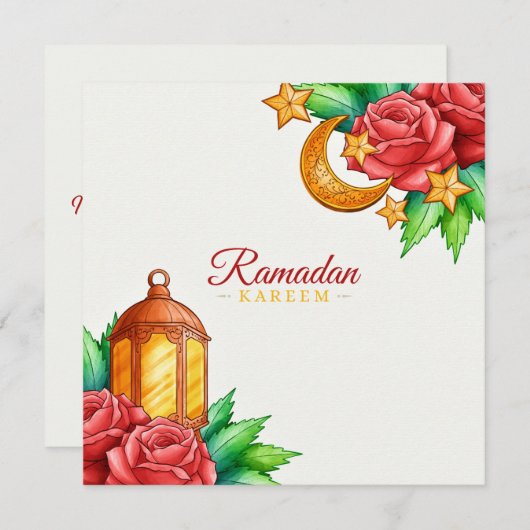 floral Ramadan Kareem | Goudhalve maan en lantaarn Feestdagenkaart (Voorkant / Achterkant)
