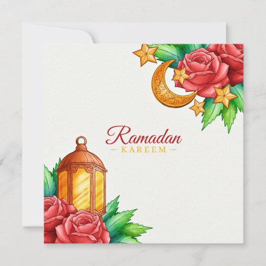 floral Ramadan Kareem | Goudhalve maan en lantaarn Feestdagenkaart (Voorkant)