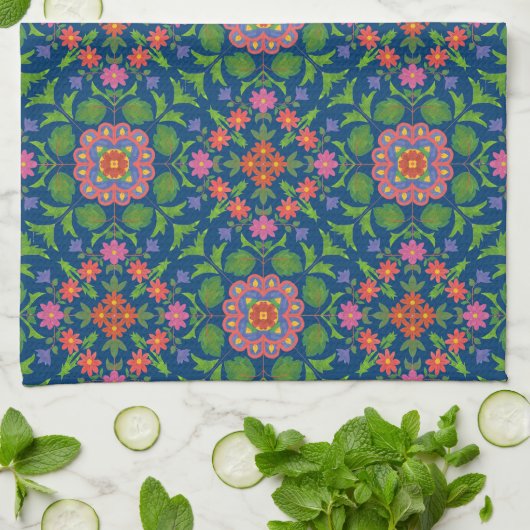  Floral Rangoli, Deep Blue Kitchen Towel Theedoek (Gevouwen)