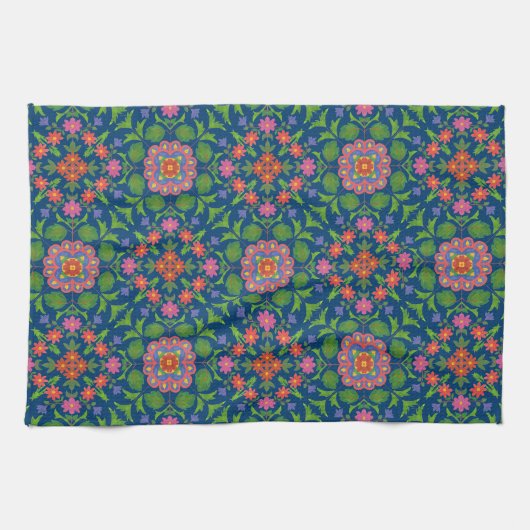  Floral Rangoli, Deep Blue Kitchen Towel Theedoek (Horizontaal)