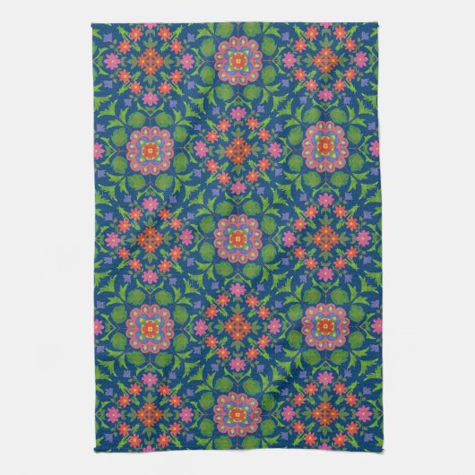 Floral Rangoli, Deep Blue Kitchen Towel Theedoek (Verticaal)