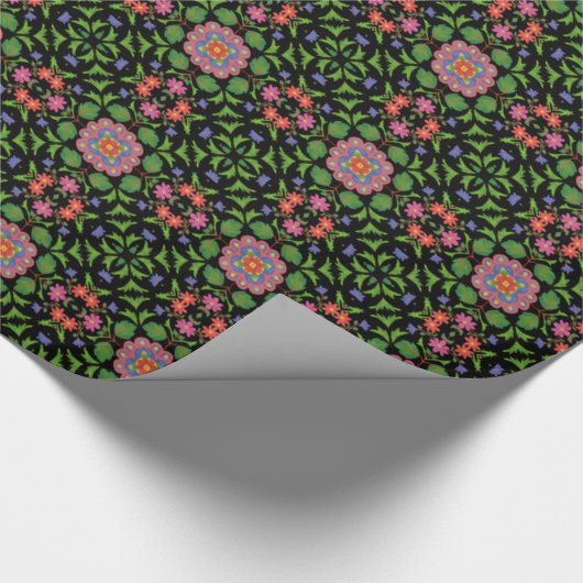 Floral Rangoli Pattern, Black Wrapping Paper Cadeaupapier (Hoek)