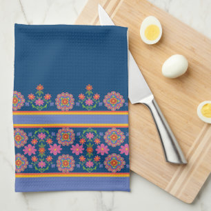 Floral Rangoli Pattern Border, Blue Kitchen Towel Theedoek