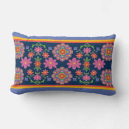 Floral Rangoli Pattern Border, Blue Lumbar Pillow Kussen