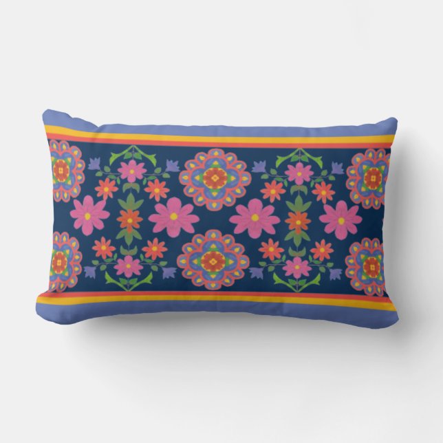 Floral Rangoli Pattern Border, Blue Lumbar Pillow Kussen (Voorkant)