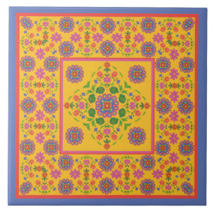 Floral Rangoli Pattern Border, Gele keramische Teg Tegeltje