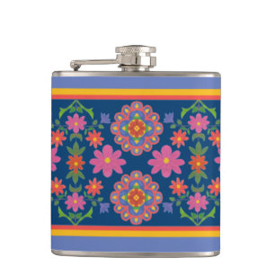 Floral Rangoli Pattern Border op Blue Hip Flask Heupfles