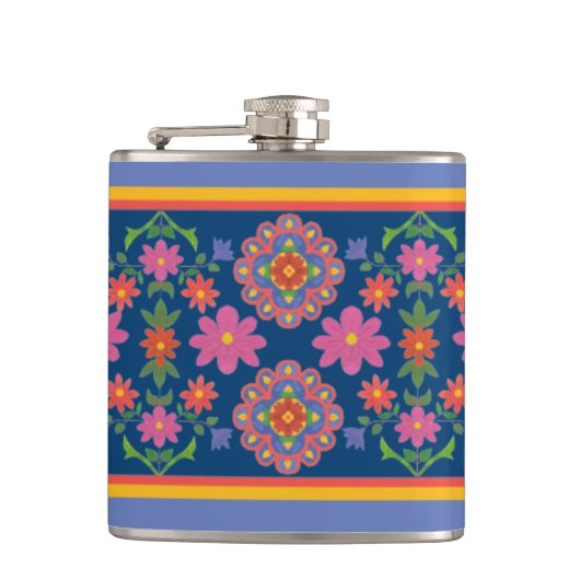 Floral Rangoli Pattern Border op Blue Hip Flask Heupfles (Voorkant)