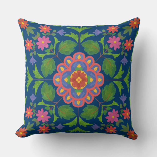 Floral Rangoli Pattern Deep Blue Pillow of Cushion Kussen (Voorkant)