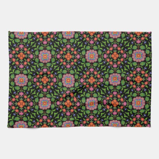 Floral Rangoli Pattern on Black Kitchen Towel Theedoek (Horizontaal)