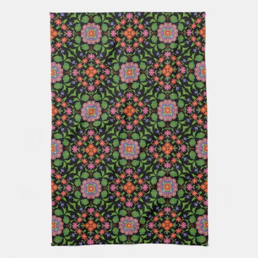 Floral Rangoli Pattern on Black Kitchen Towel Theedoek (Verticaal)