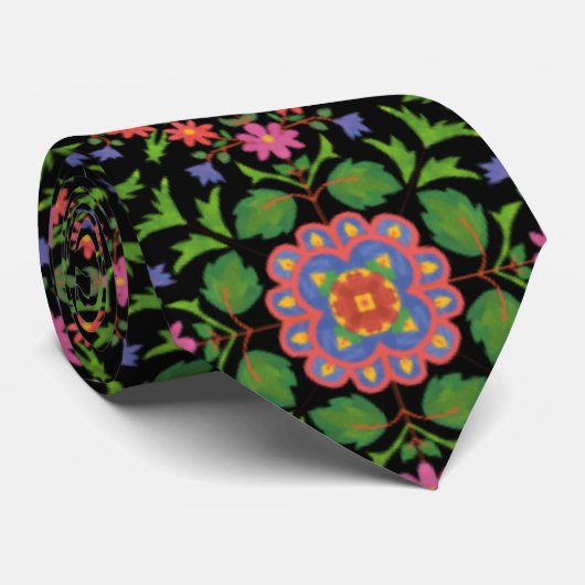 Floral Rangoli Pattern on Black Unisex Necktie Stropdas (Opgerold)