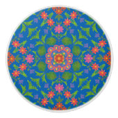 Floral Rangoli Pattern on Blue Ceramic Knob Keramische Knop (Voorkant)