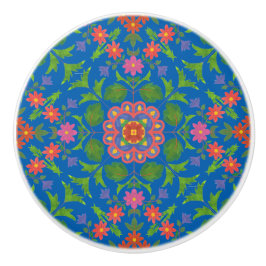 Floral Rangoli Pattern on Blue Ceramic Knob Keramische Knop