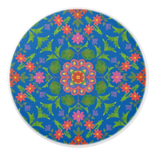 Floral Rangoli Pattern on Blue Ceramic Knob Keramische Knop (Voorkant)