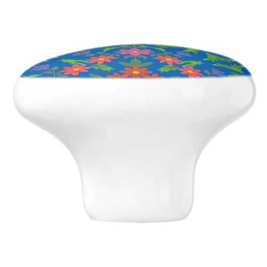 Floral Rangoli Pattern on Blue Ceramic Knob Keramische Knop (Zijkant)
