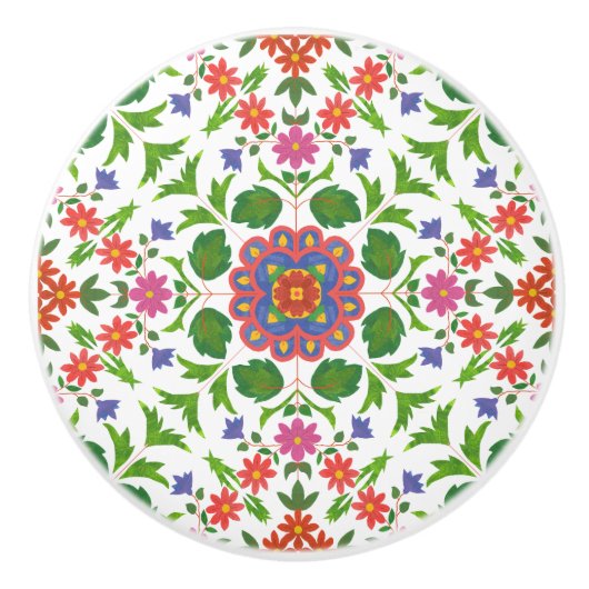 Floral Rangoli Pattern on White Ceramic Knob. Keramische Knop (Voorkant)