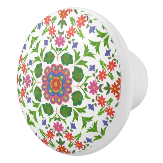 Floral Rangoli Pattern on White Ceramic Knob. Keramische Knop (Rechts)