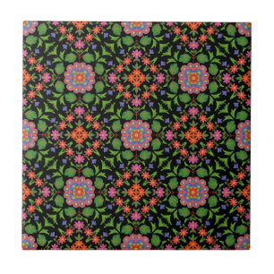 Floral Rangoli Pattern op Black Ceramic Tile Tegeltje
