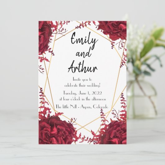 Floral red and gold Set 1 Wedding Invitation Kaart (Staand voorkant)