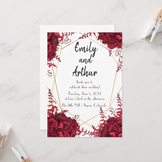 Floral red and gold Set 1 Wedding Invitation Kaart (Voorkant / Achterkant in situ)