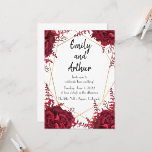 Floral red and gold Set 1 Wedding Invitation Kaart