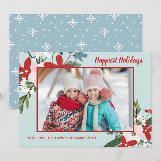 Floral Red Aqua Kerstvakantie fotokaart Feestdagenkaart (Voorkant / Achterkant)