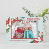 Floral Red Aqua Kerstvakantie fotokaart Feestdagenkaart (Staand voorkant)