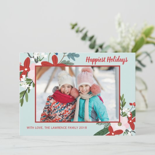 Floral Red Aqua Kerstvakantie fotokaart Feestdagenkaart (Staand voorkant)