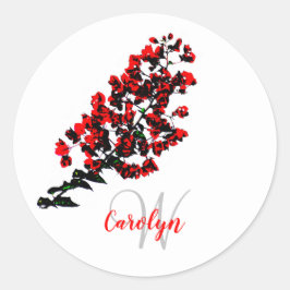 Floral red bouganvillia, girly, name en initiaal ronde sticker
