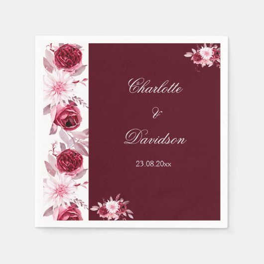 Floral Red Burgundy Blush Pink Waterverf Weddensch Servet (Voorkant)