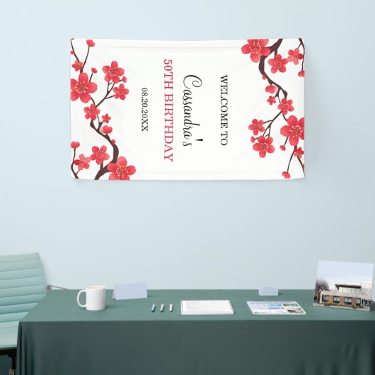 Floral Red Cherry Blossom Sakura Verjaardag Welkom Spandoek (Beurs)