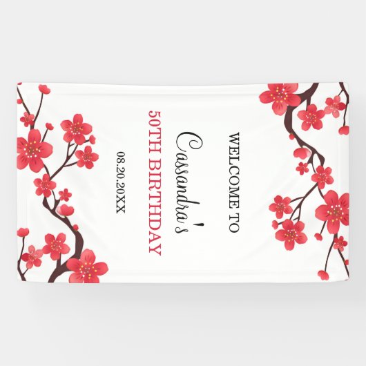 Floral Red Cherry Blossom Sakura Verjaardag Welkom Spandoek (Horizontaal)