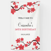 Floral Red Cherry Blossom Sakura Verjaardag Welkom Spandoek (Verticaal)