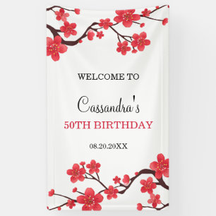 Floral Red Cherry Blossom Sakura Verjaardag Welkom Spandoek