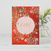 Floral Red Elegant Pink Gold Chinoiserie Weddensch Kaart (Staand voorkant)