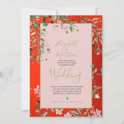 Floral Red Elegant Pink Gold Chinoiserie Weddensch Kaart (Achterkant)