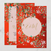 Floral Red Elegant Pink Gold Chinoiserie Weddensch Kaart (Voorkant / Achterkant)