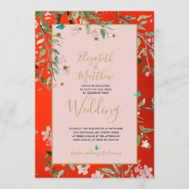 Floral Red Elegant Pink Gold Chinoiserie Weddensch Kaart