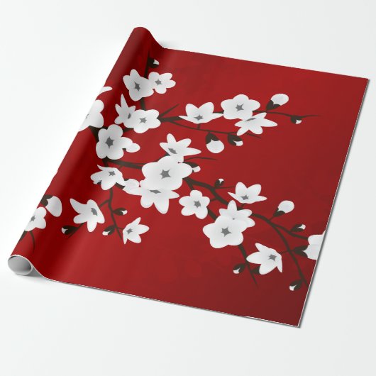 Floral Red en White Cherry Blossom Cadeaupapier (Uitgerold)