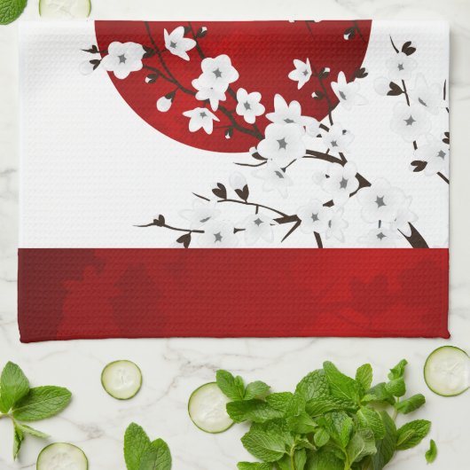 Floral Red en White Cherry Blossom Sun Theedoek (Gevouwen)