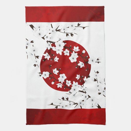 Floral Red en White Cherry Blossom Sun Theedoek (Verticaal)