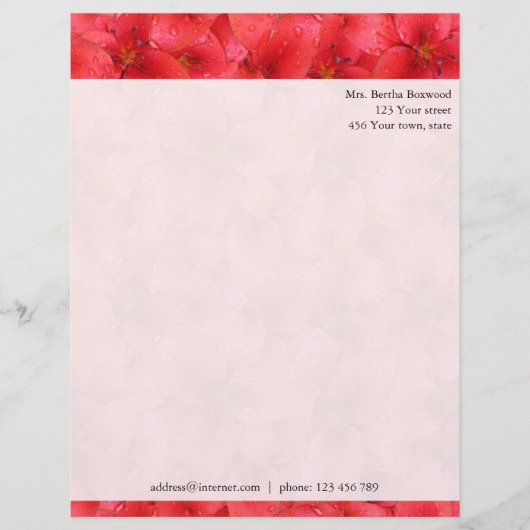 Floral Red Garden Lilies Botanical Custom Address Persoonlijk Briefhoofd (Voorkant)
