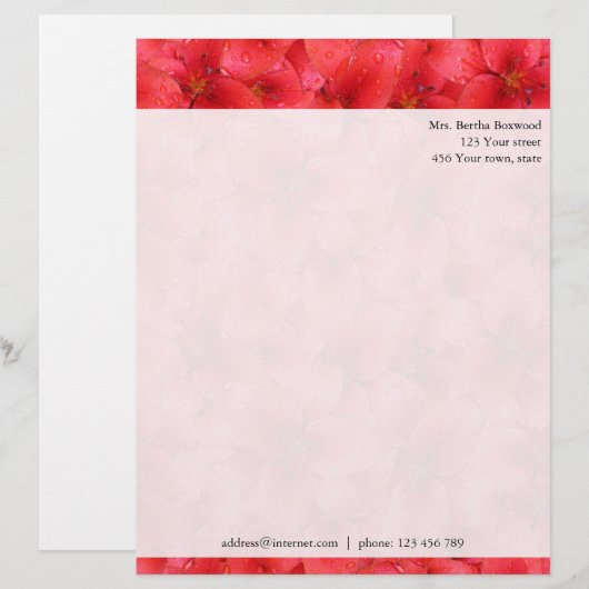 Floral Red Garden Lilies Botanical Custom Address Persoonlijk Briefhoofd (Voorkant / Achterkant)
