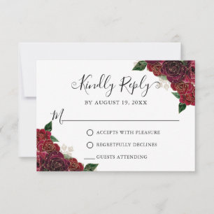 Floral Red Gold Quinceañera RSVP-kaart Kaart