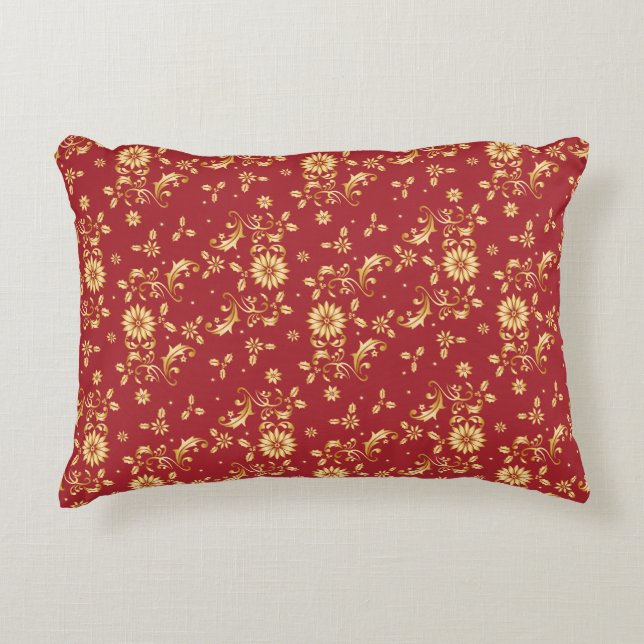 Floral Red Gold Stars kerstfeest Metallic Accent Kussen (Voorkant)