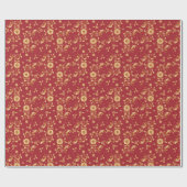 Floral Red Gold Stars kerstfeest Metallic Cadeaupapier (Vlak)
