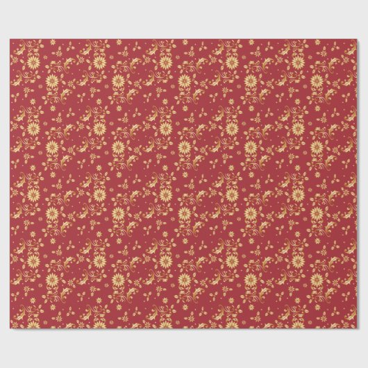 Floral Red Gold Stars kerstfeest Metallic Cadeaupapier (Vlak)