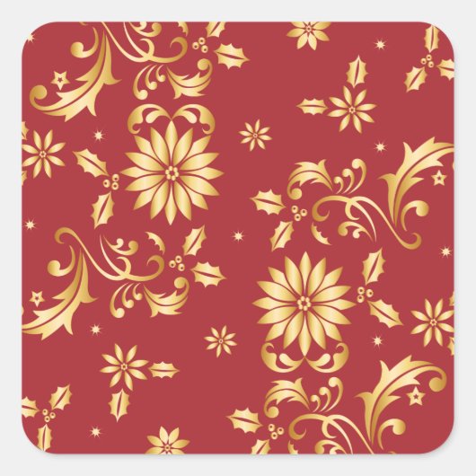 Floral Red Gold Stars kerstfeest Metallic Vierkante Sticker (Voorkant)