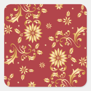 Floral Red Gold Stars kerstfeest Metallic Vierkante Sticker
